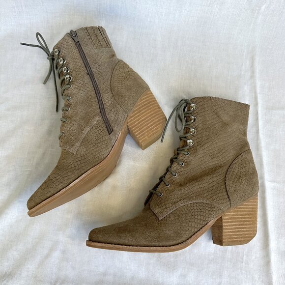 Jeffrey Campbell x Free People Elmcroft Suede Boots, Khaki Matte Snake, Size 10 - Picture 5 of 13
